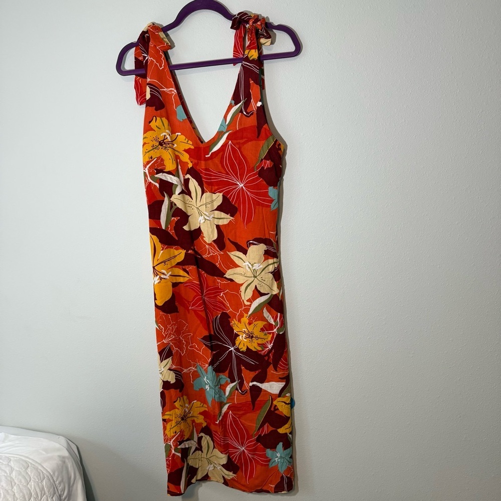 Cupshe Orange Floral Shift Midi Dress w Tie Shoulders and Slits Women’s XS New - Picture 1 of 7